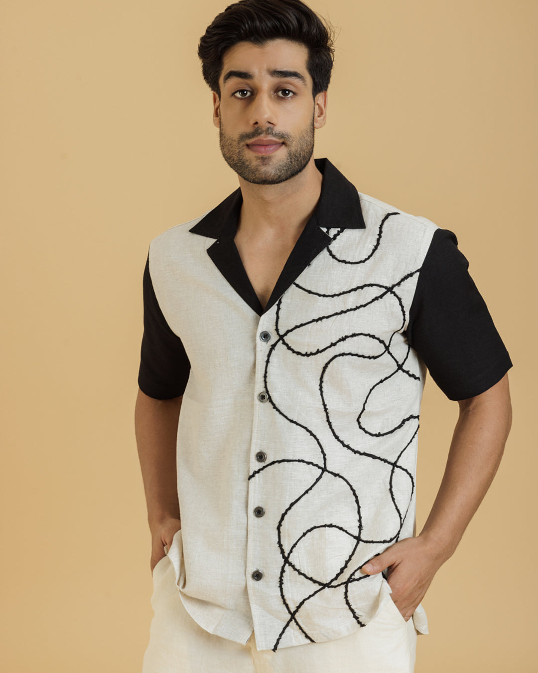 Cord Embroidery Off white Black Shirt