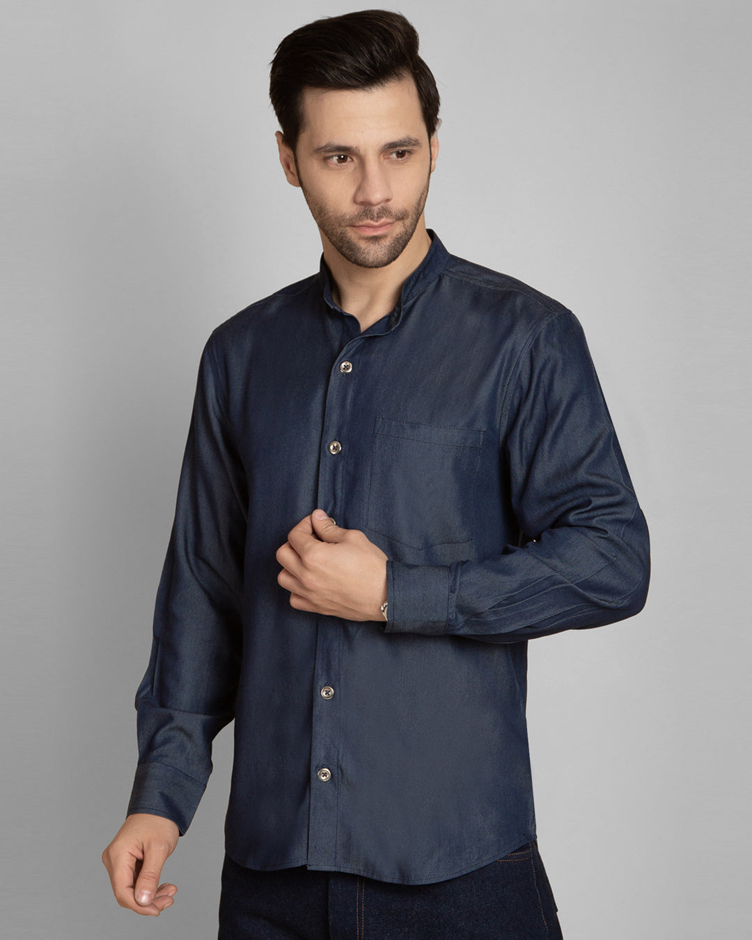 Classic Denim Mandarin Collar Shirt