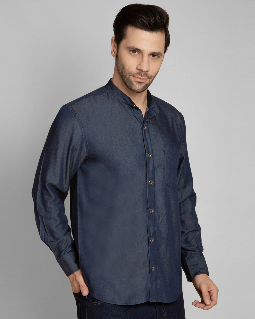 Classic Denim Mandarin Collar Shirt