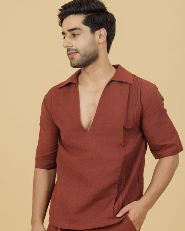 Brown V-Neck Pintuck Shirt