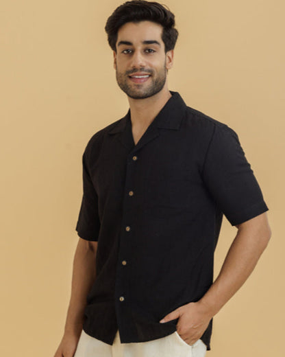 Cuban Collar Men's Shirt/ Black