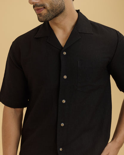 Cuban Collar Men's Shirt/ Black