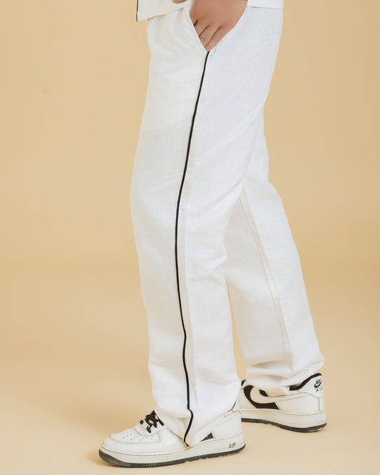 White Contrast Piped Men's Tailored Pants