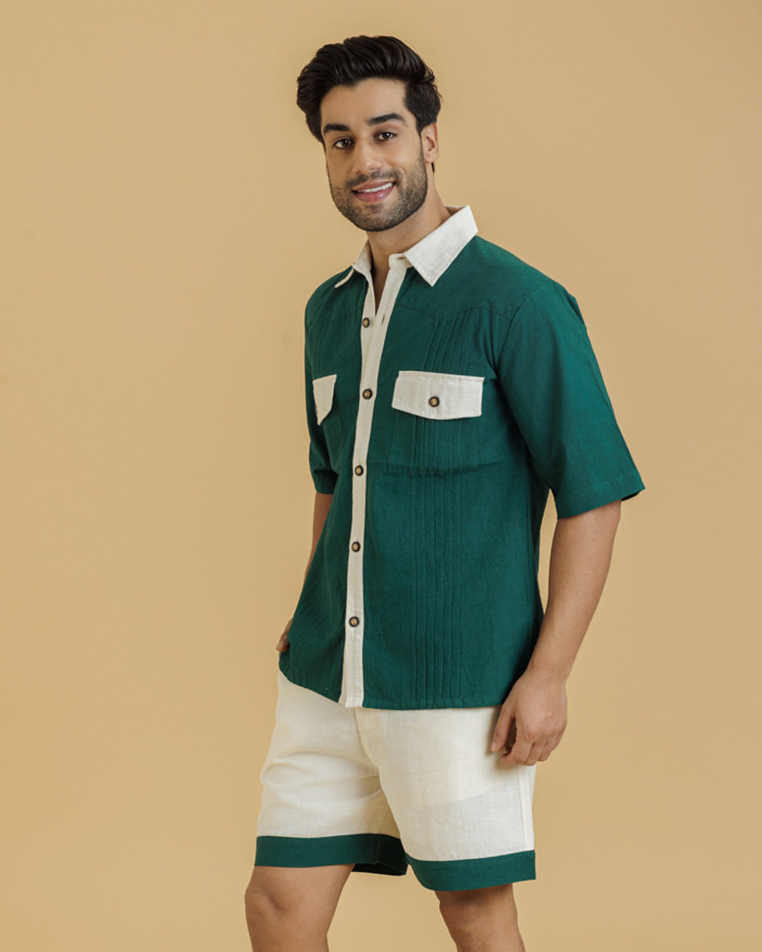 Green / Beige Men's Pintuck Shirt