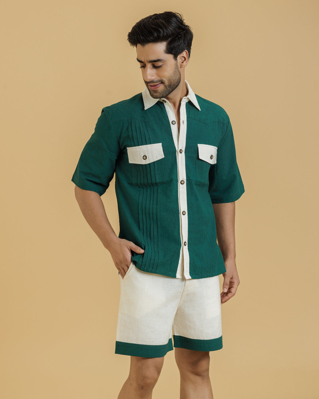 Green / Beige Men's Pintuck Shirt