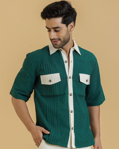 Green / Beige Men's Pintuck Shirt