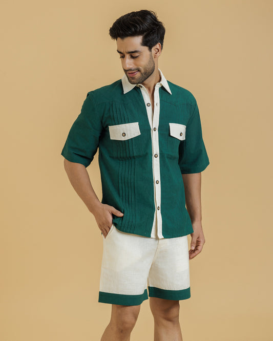 Green / Beige Men's Pintuck Shirt