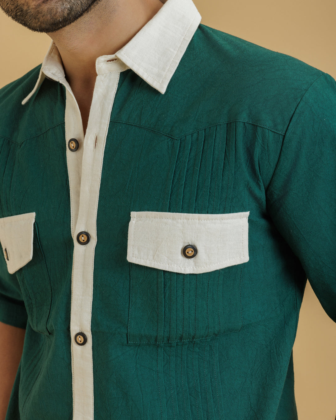 Green / Beige Men's Pintuck Shirt