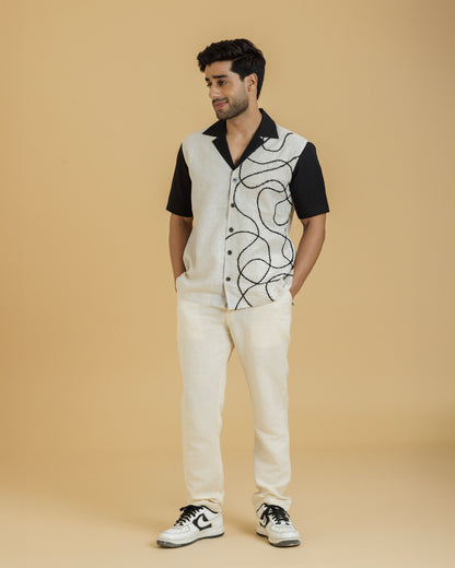 Cord Embroidery Off white Black Shirt