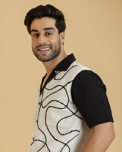 Cord Embroidery Off white Black Shirt